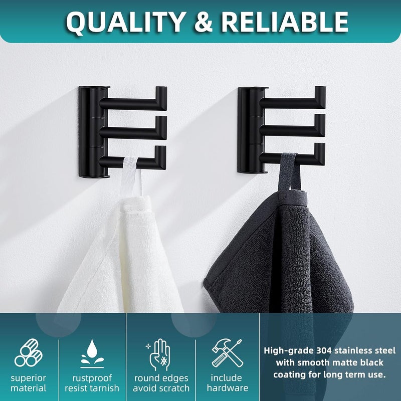 Angle Simple Swivel Towel Hooks for Bathroom, SUS 304 Stainless Steel Foldable 3 Arms Robe Towel Holder, Shower Wall Coat Hooks, Matte Black, 2 Pack - Image 4